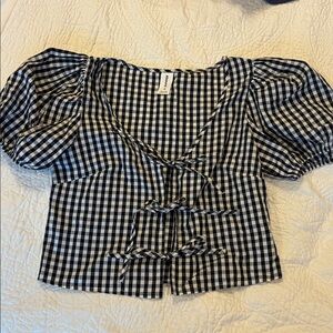 Gingham Puff Sleeve Top with Tie Front